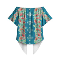 Hawaii Ohia Lehua Off Shoulder Wrap Waist Top Tropical Vibes Teal LT05 - Polynesian Pride