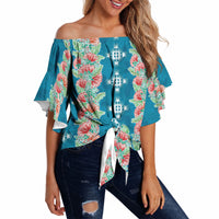 Hawaii Ohia Lehua Off Shoulder Wrap Waist Top Tropical Vibes Teal LT05 - Polynesian Pride