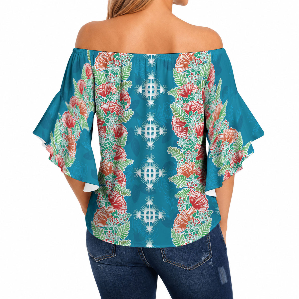 Hawaii Ohia Lehua Off Shoulder Wrap Waist Top Tropical Vibes Teal LT05 - Polynesian Pride