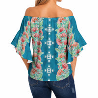 Hawaii Ohia Lehua Off Shoulder Wrap Waist Top Tropical Vibes Teal LT05 - Polynesian Pride