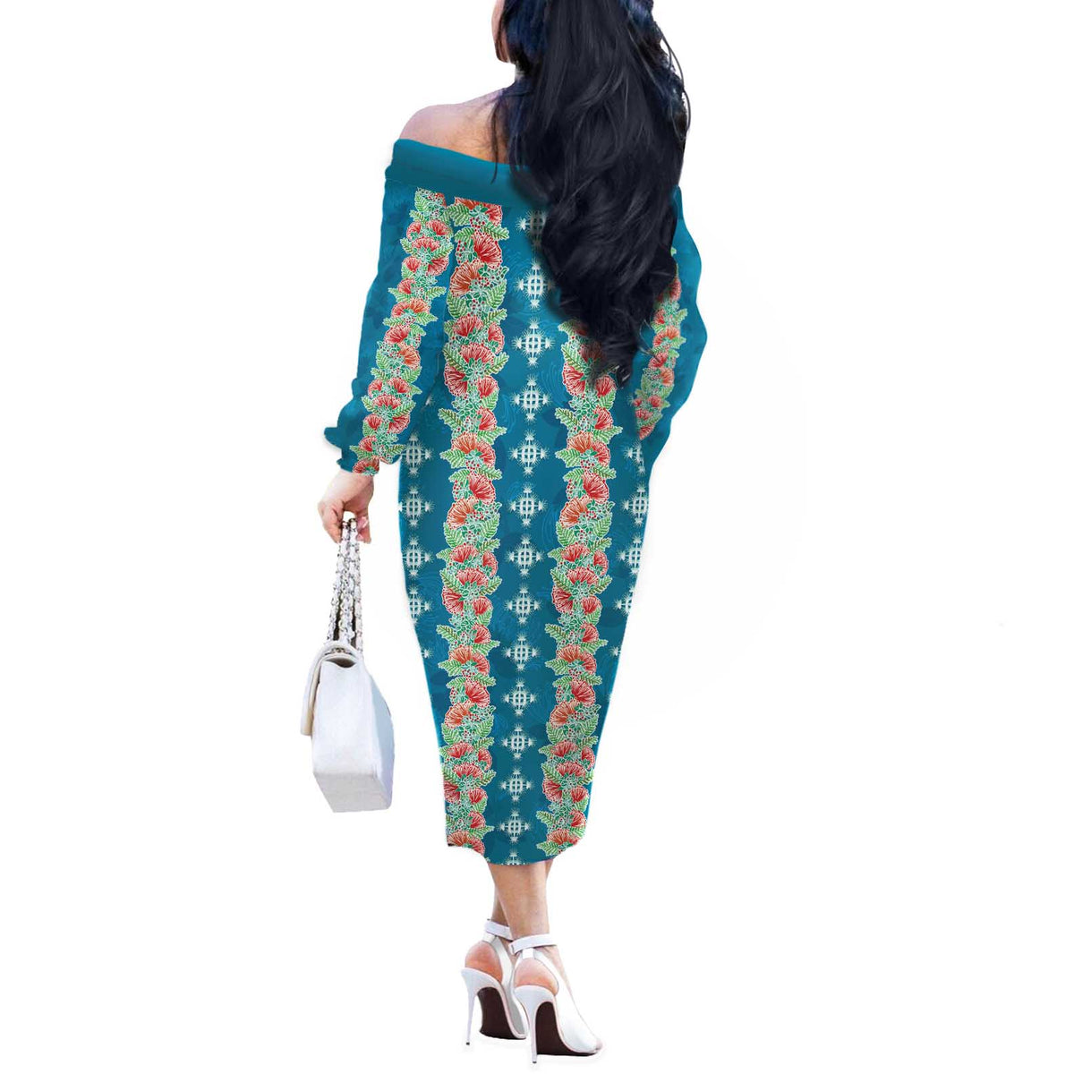 Hawaii Ohia Lehua Off The Shoulder Long Sleeve Dress Tropical Vibes Teal