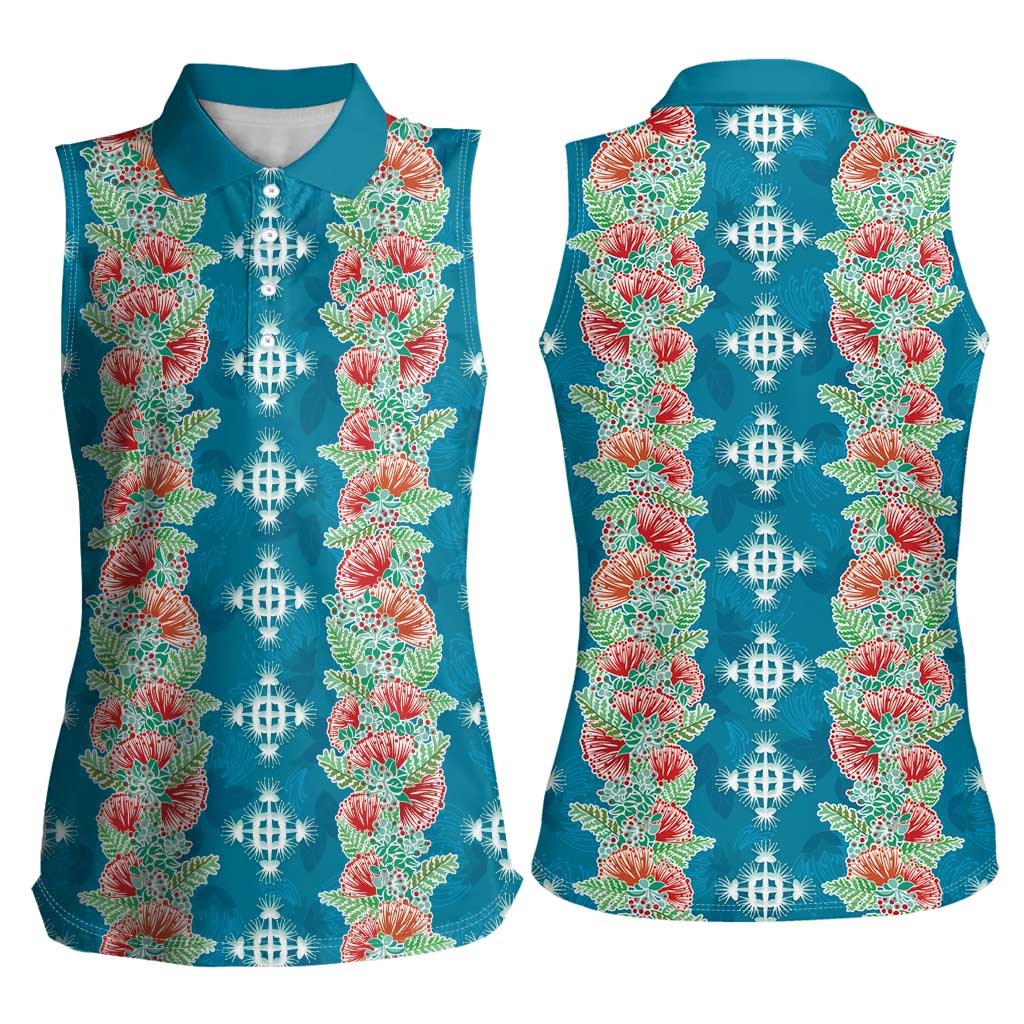 Hawaii Ohia Lehua Women Sleeveless Polo Shirt Tropical Vibes Teal LT05 - Polynesian Pride
