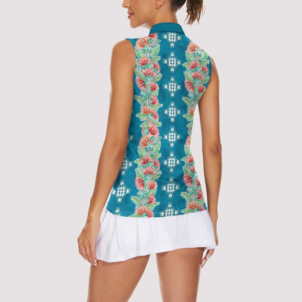 Hawaii Ohia Lehua Women Sleeveless Polo Shirt Tropical Vibes Teal LT05 - Polynesian Pride
