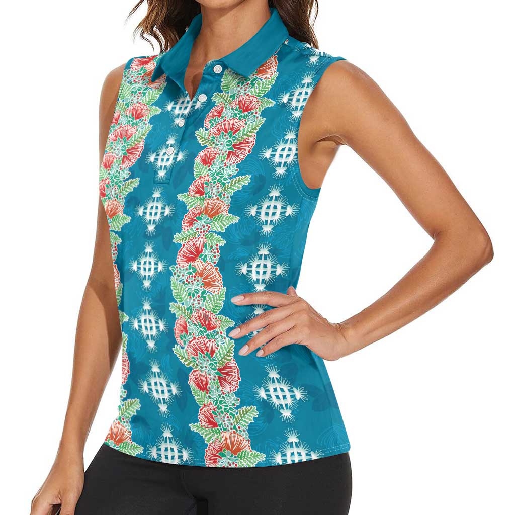 Hawaii Ohia Lehua Women Sleeveless Polo Shirt Tropical Vibes Teal LT05 - Polynesian Pride
