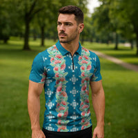 Hawaii Ohia Lehua Zipper Polo Shirt Tropical Vibes Teal