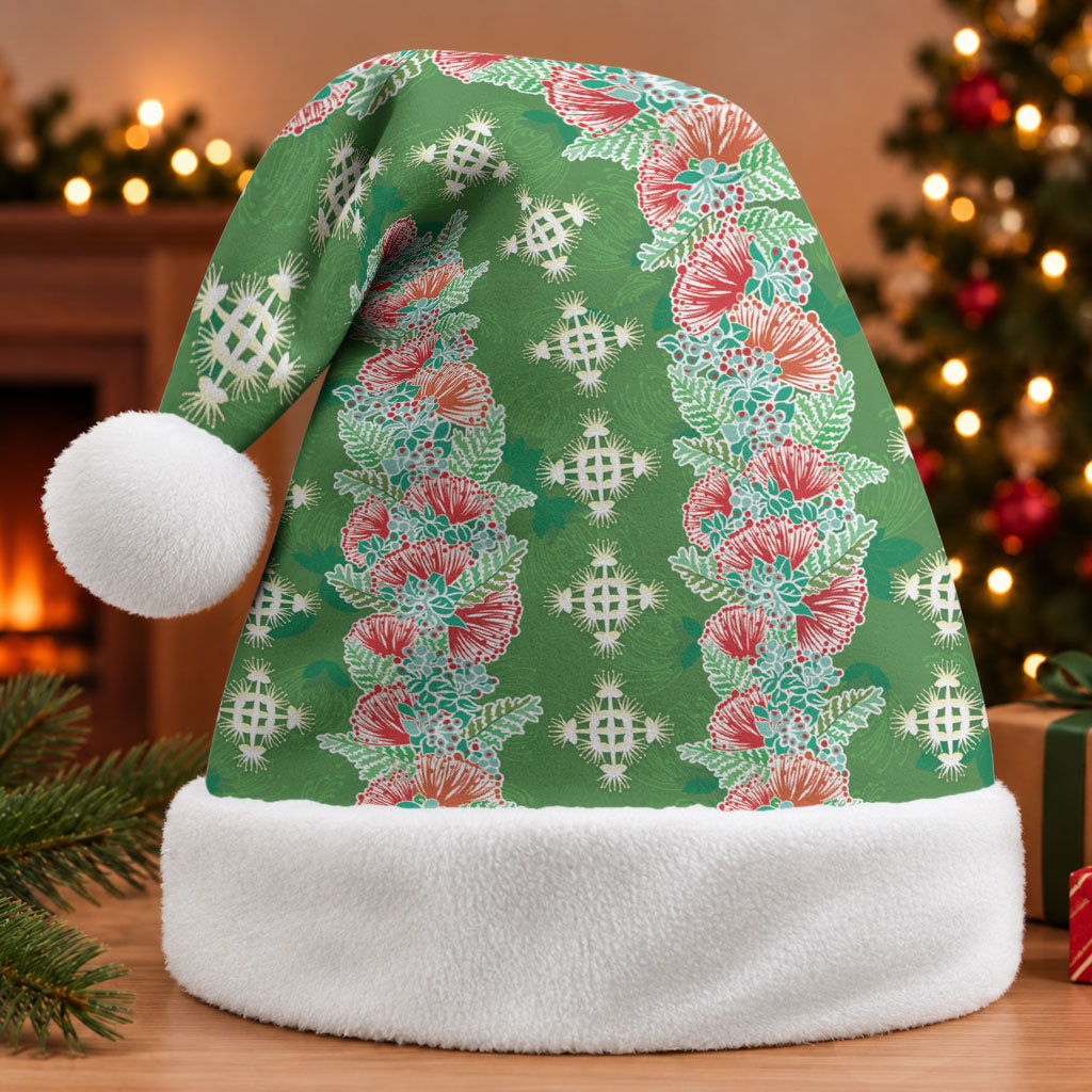 Hawaii Ohia Lehua Christmas Santa Hat Tropical Vibes Green LT05 Without Fur Green - Polynesian Pride