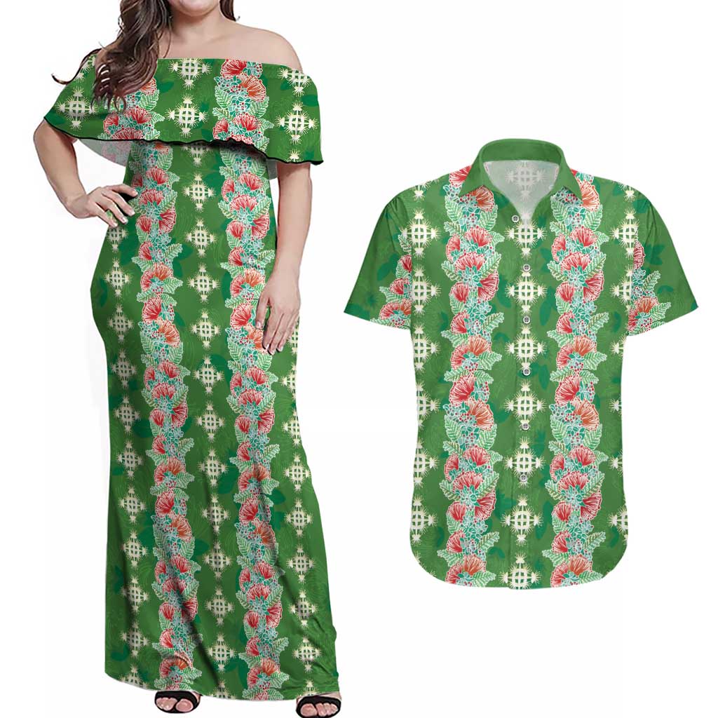 Hawaii Ohia Lehua Couples Matching Off Shoulder Maxi Dress and Hawaiian Shirt Tropical Vibes Green