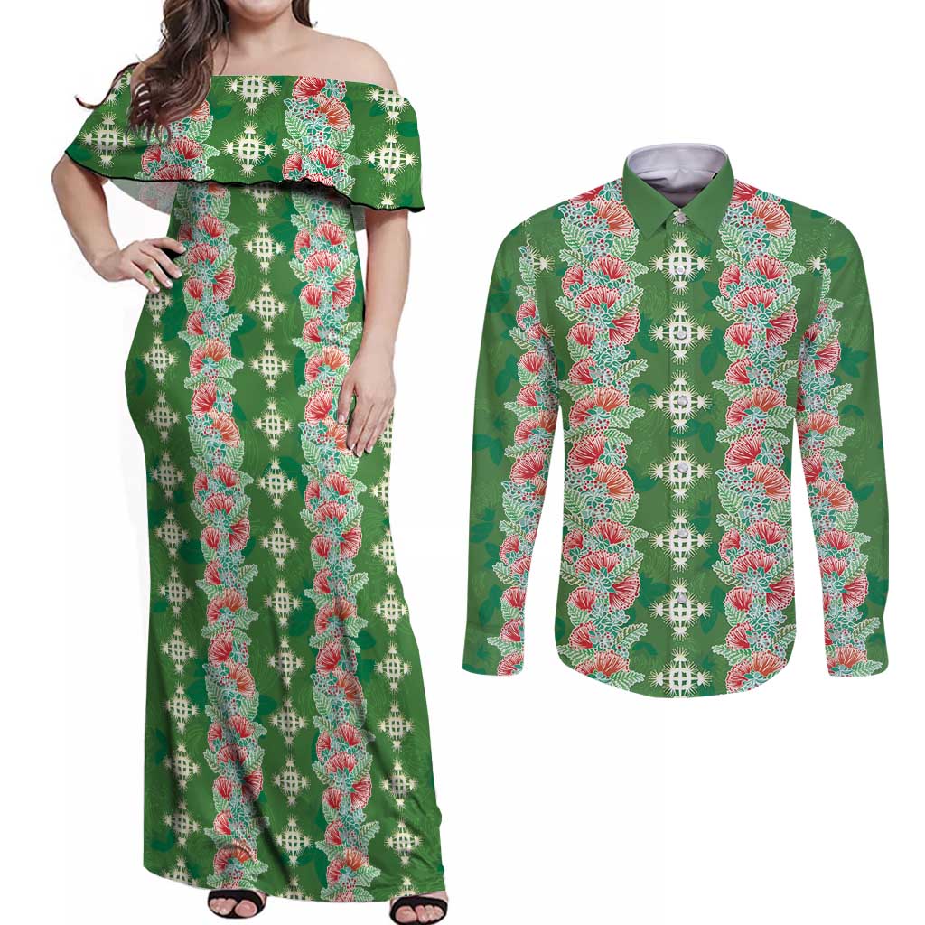 Hawaii Ohia Lehua Couples Matching Off Shoulder Maxi Dress and Long Sleeve Button Shirt Tropical Vibes Green LT05 Green - Polynesian Pride