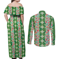 Hawaii Ohia Lehua Couples Matching Off Shoulder Maxi Dress and Long Sleeve Button Shirt Tropical Vibes Green LT05 - Polynesian Pride