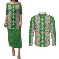 Hawaii Ohia Lehua Couples Matching Puletasi and Long Sleeve Button Shirt Tropical Vibes Green