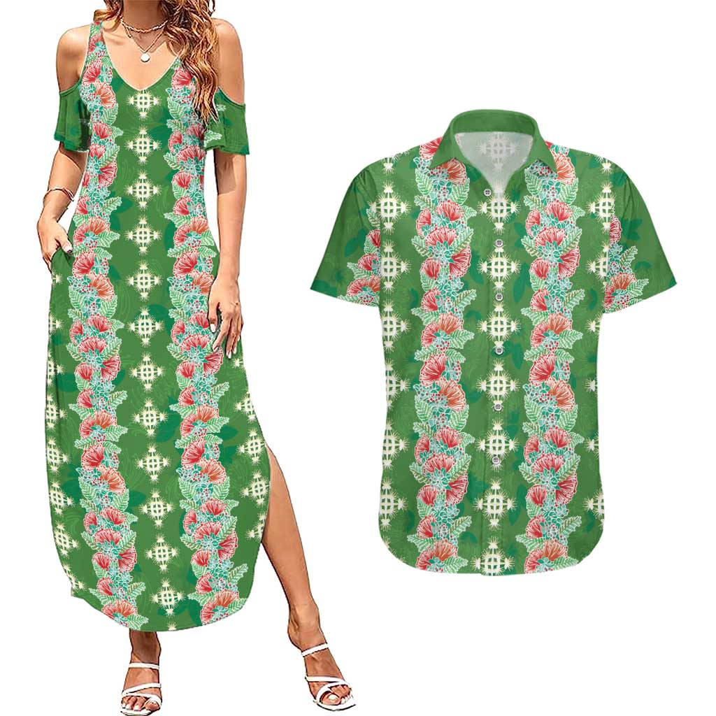 Hawaii Ohia Lehua Couples Matching Summer Maxi Dress and Hawaiian Shirt Tropical Vibes Green LT05 Green - Polynesian Pride