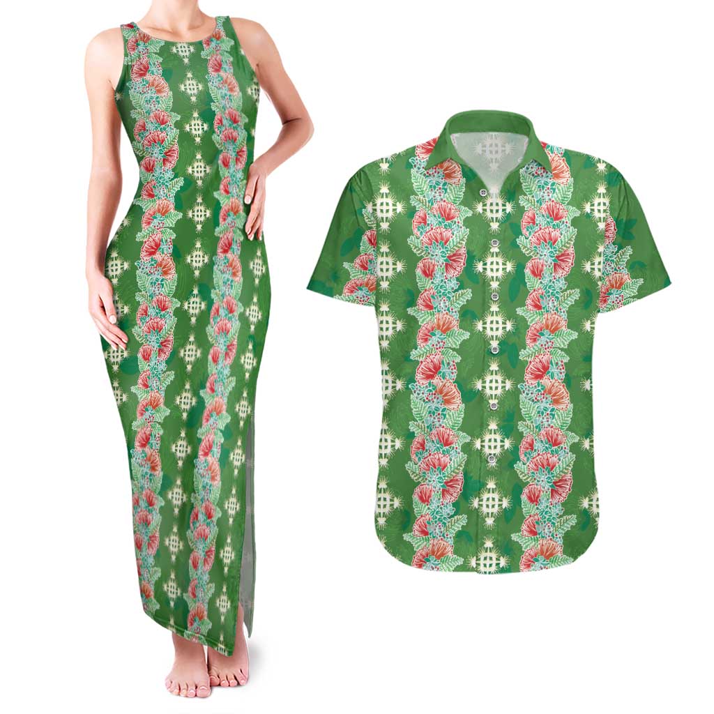 Hawaii Ohia Lehua Couples Matching Tank Maxi Dress and Hawaiian Shirt Tropical Vibes Green LT05 Green - Polynesian Pride