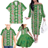 Hawaii Ohia Lehua Family Matching Off The Shoulder Long Sleeve Dress and Hawaiian Shirt Tropical Vibes Green LT05 - Polynesian Pride