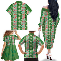 Hawaii Ohia Lehua Family Matching Off The Shoulder Long Sleeve Dress and Hawaiian Shirt Tropical Vibes Green LT05 - Polynesian Pride