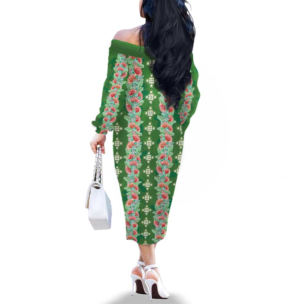 Hawaii Ohia Lehua Family Matching Off The Shoulder Long Sleeve Dress and Hawaiian Shirt Tropical Vibes Green LT05 - Polynesian Pride