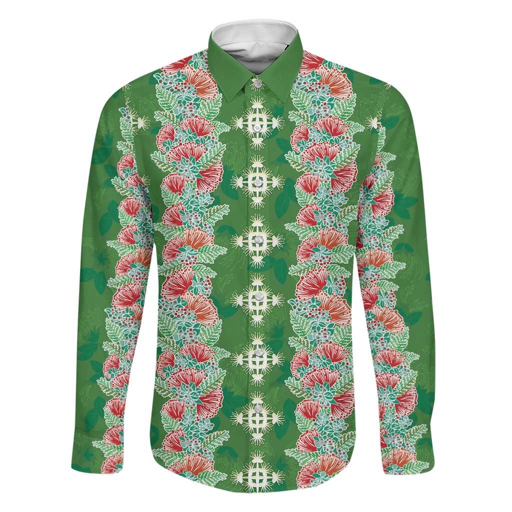 Hawaii Ohia Lehua Family Matching Tank Maxi Dress and Hawaiian Shirt Tropical Vibes Green LT05 Dad's Shirt - Long Sleeve Green - Polynesian Pride