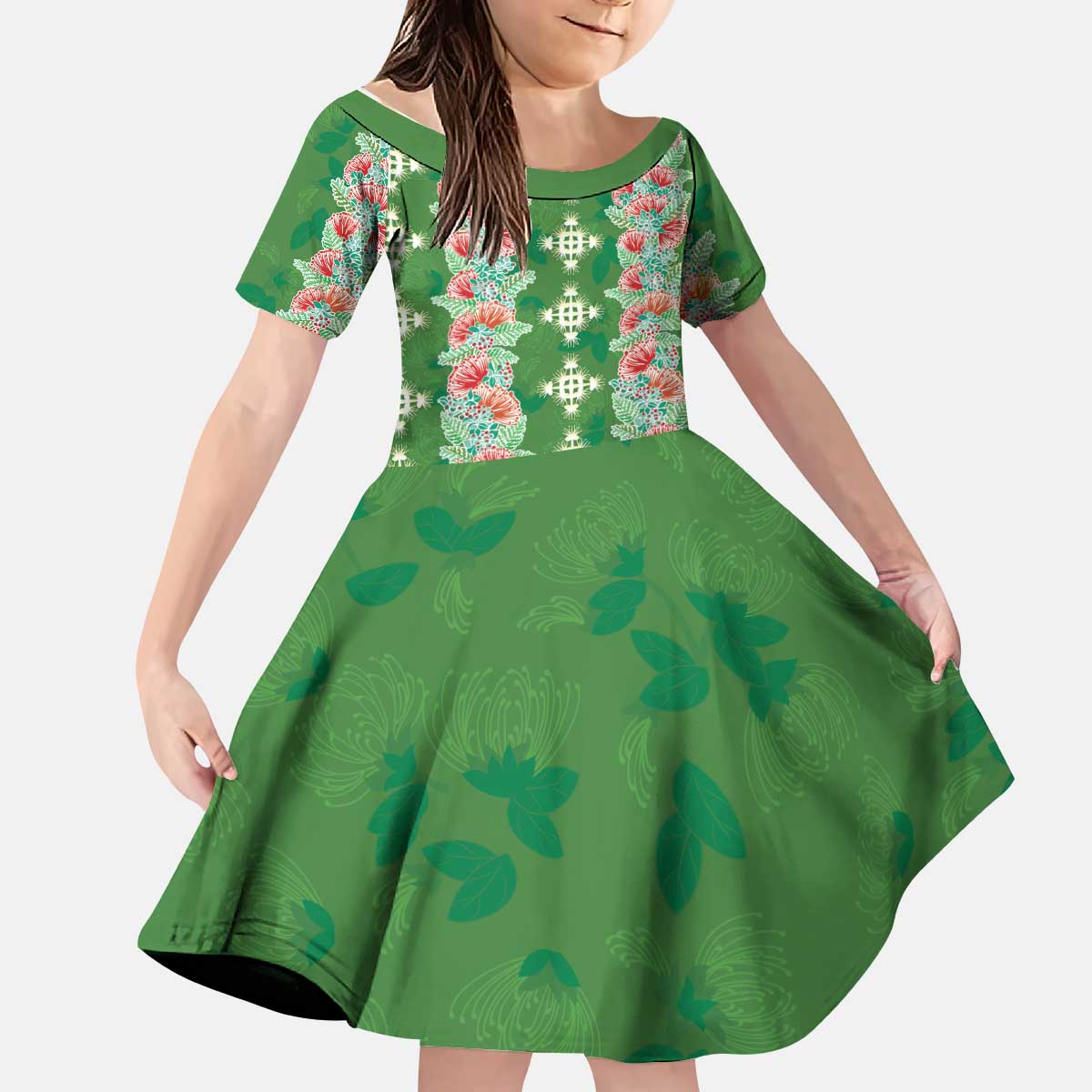 Hawaii Ohia Lehua Kid Short Sleeve Dress Tropical Vibes Green