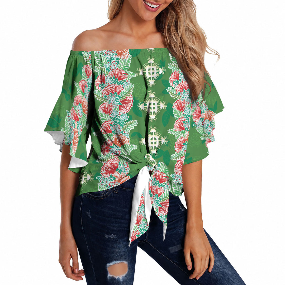 Hawaii Ohia Lehua Off Shoulder Wrap Waist Top Tropical Vibes Green LT05 - Polynesian Pride