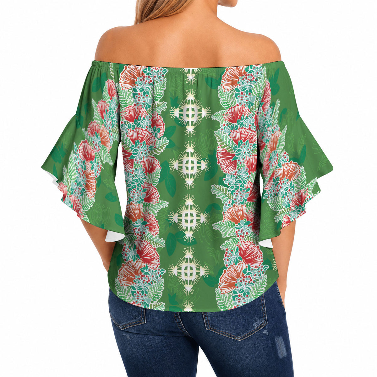 Hawaii Ohia Lehua Off Shoulder Wrap Waist Top Tropical Vibes Green LT05 - Polynesian Pride
