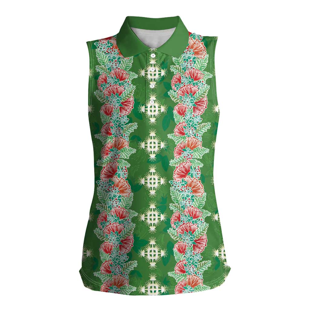 Hawaii Ohia Lehua Women Sleeveless Polo Shirt Tropical Vibes Green LT05 Female Green - Polynesian Pride