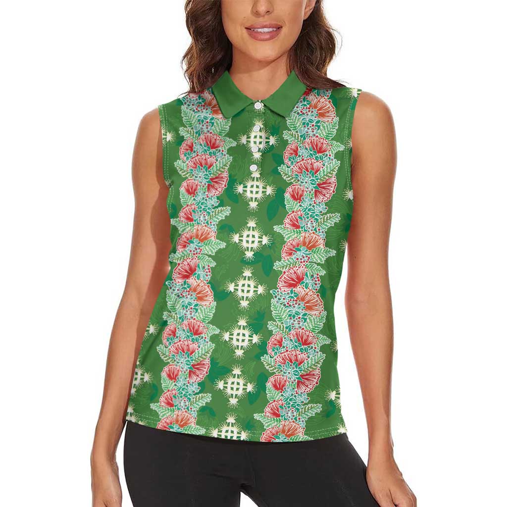 Hawaii Ohia Lehua Women Sleeveless Polo Shirt Tropical Vibes Green LT05 - Polynesian Pride