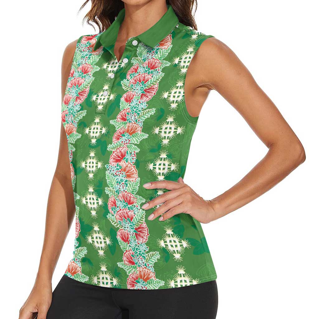 Hawaii Ohia Lehua Women Sleeveless Polo Shirt Tropical Vibes Green LT05 - Polynesian Pride
