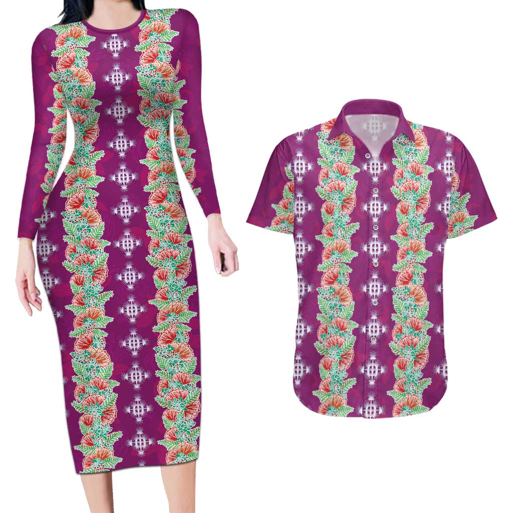 Hawaii Ohia Lehua Couples Matching Long Sleeve Bodycon Dress and Hawaiian Shirt Tropical Vibes Fuchsia
