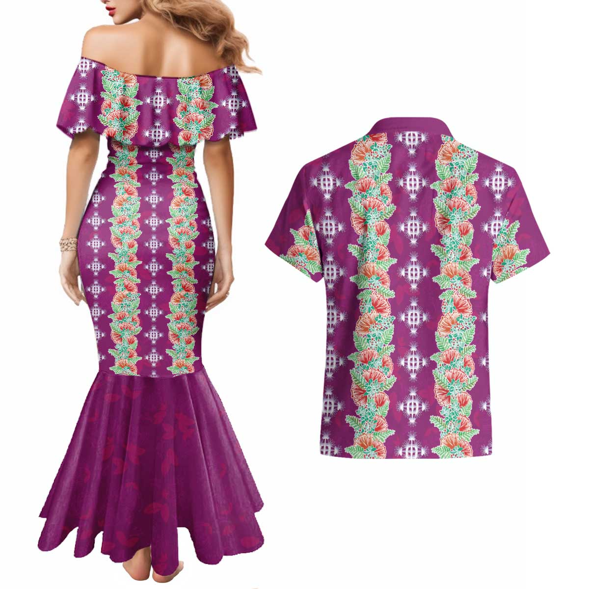 Hawaii Ohia Lehua Couples Matching Mermaid Dress and Hawaiian Shirt Tropical Vibes Fuchsia LT05 - Polynesian Pride