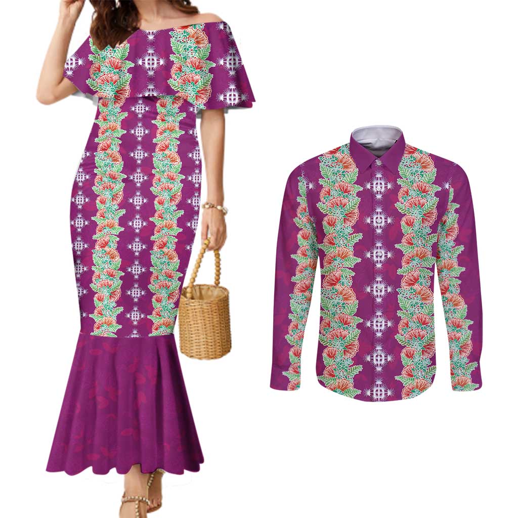 Hawaii Ohia Lehua Couples Matching Mermaid Dress and Long Sleeve Button Shirt Tropical Vibes Fuchsia