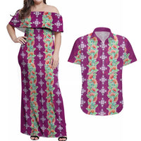 Hawaii Ohia Lehua Couples Matching Off Shoulder Maxi Dress and Hawaiian Shirt Tropical Vibes Fuchsia LT05 Fuchsia - Polynesian Pride