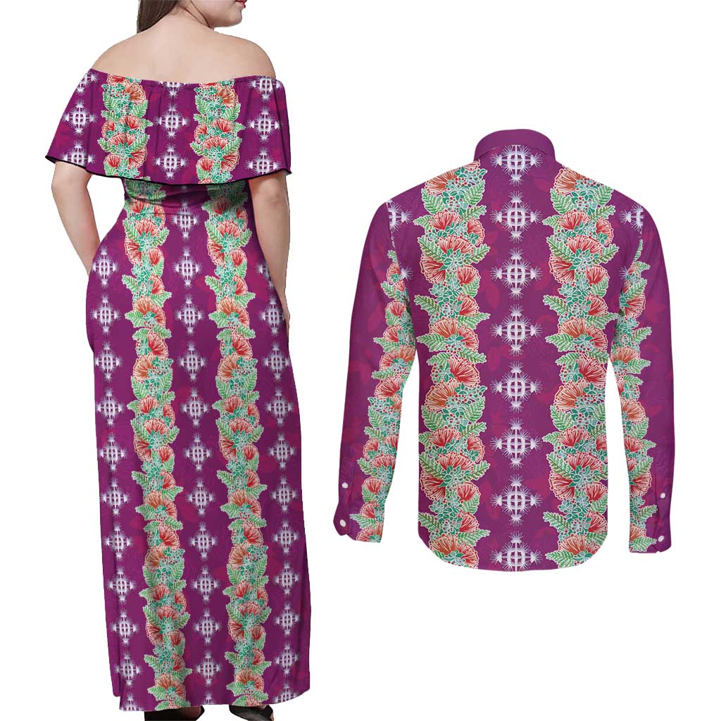 Hawaii Ohia Lehua Couples Matching Off Shoulder Maxi Dress and Long Sleeve Button Shirt Tropical Vibes Fuchsia LT05 - Polynesian Pride