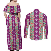 Hawaii Ohia Lehua Couples Matching Off Shoulder Maxi Dress and Long Sleeve Button Shirt Tropical Vibes Fuchsia LT05 - Polynesian Pride