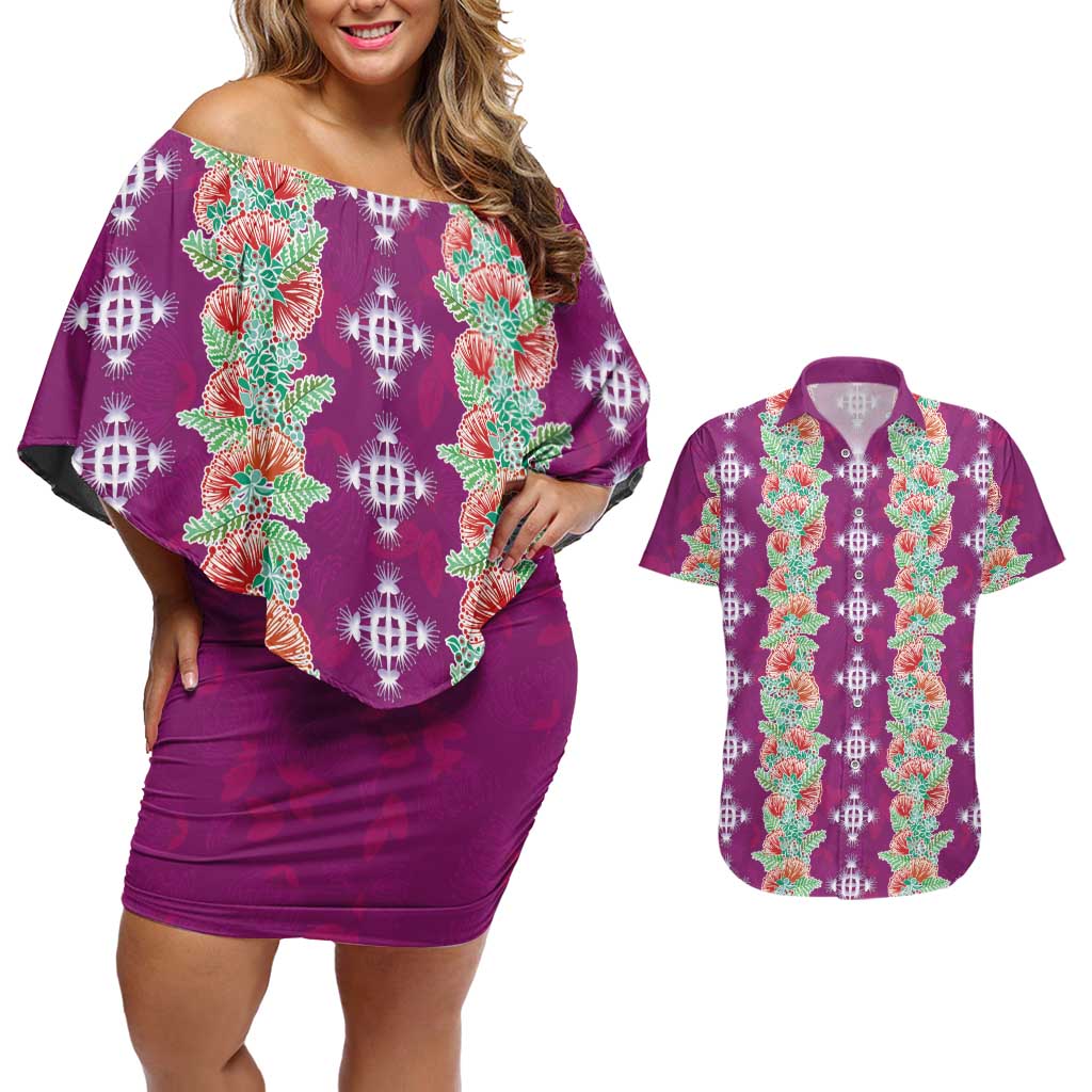 Hawaii Ohia Lehua Couples Matching Off Shoulder Short Dress and Hawaiian Shirt Tropical Vibes Fuchsia LT05 Fuchsia - Polynesian Pride