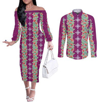 Hawaii Ohia Lehua Couples Matching Off The Shoulder Long Sleeve Dress and Long Sleeve Button Shirt Tropical Vibes Fuchsia LT05 Fuchsia - Polynesian Pride