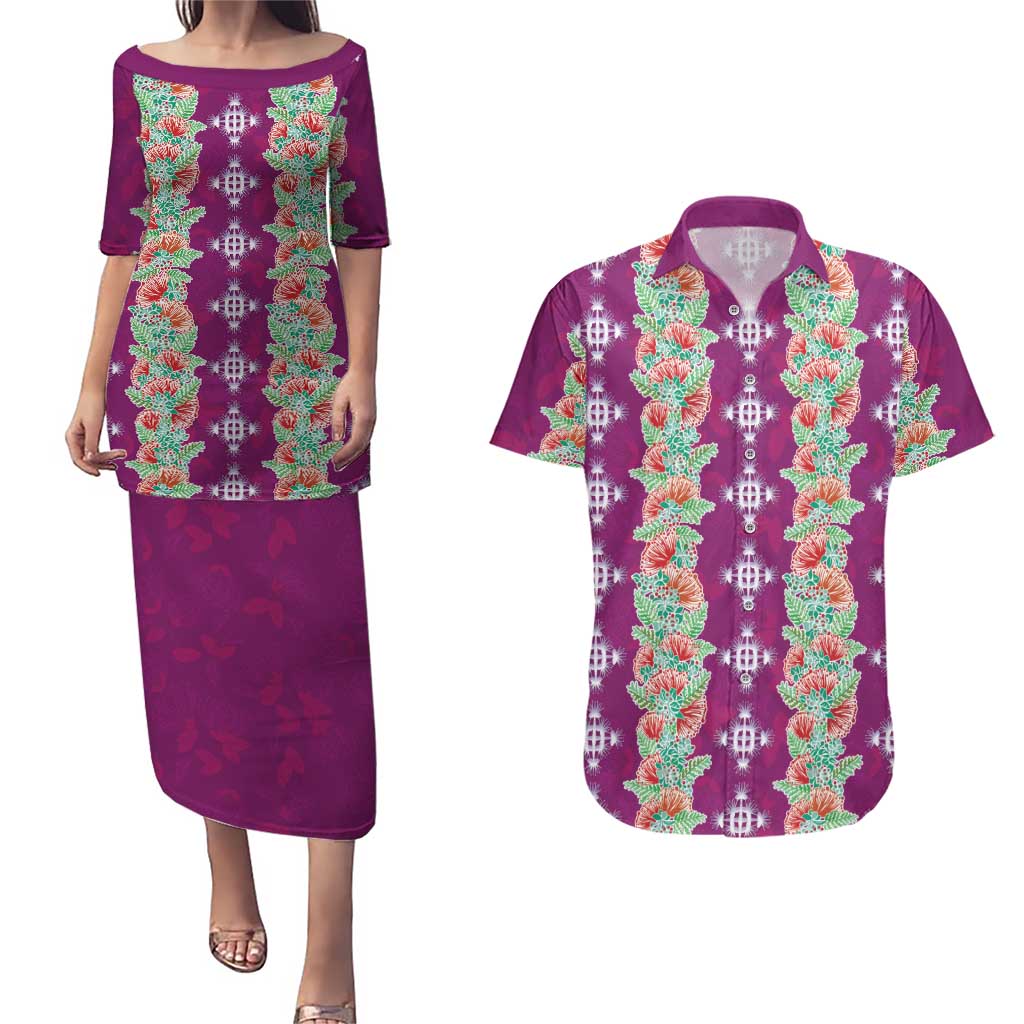 Hawaii Ohia Lehua Couples Matching Puletasi and Hawaiian Shirt Tropical Vibes Fuchsia