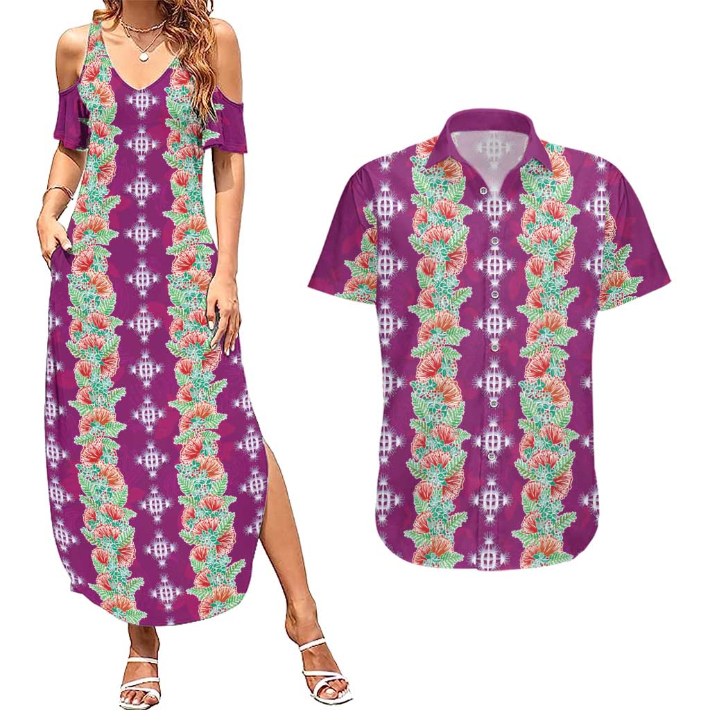 Hawaii Ohia Lehua Couples Matching Summer Maxi Dress and Hawaiian Shirt Tropical Vibes Fuchsia