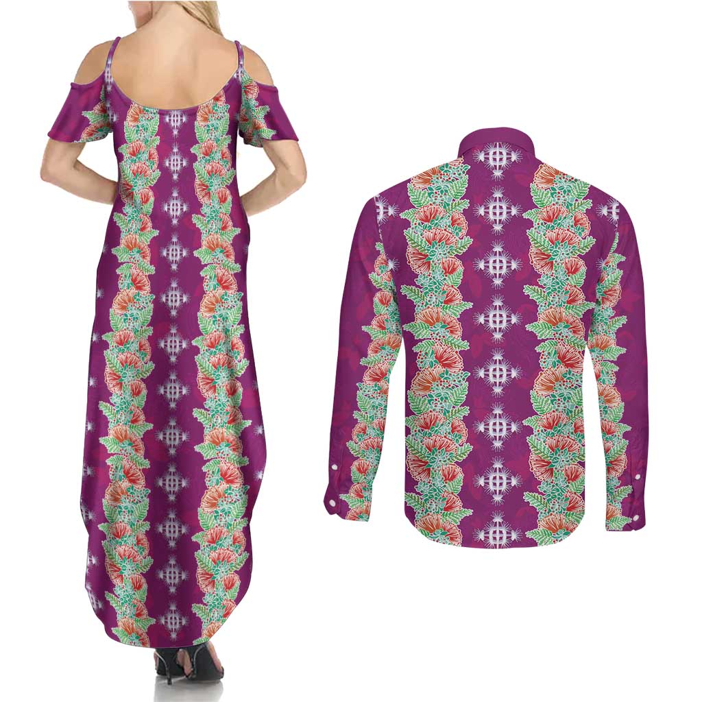 Hawaii Ohia Lehua Couples Matching Summer Maxi Dress and Long Sleeve Button Shirt Tropical Vibes Fuchsia LT05 - Polynesian Pride