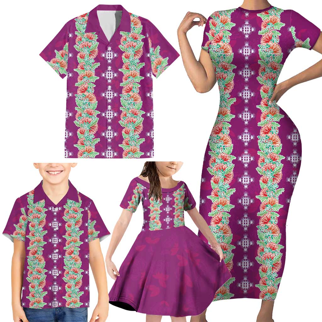 Hawaii Ohia Lehua Family Matching Short Sleeve Bodycon Dress and Hawaiian Shirt Tropical Vibes Fuchsia