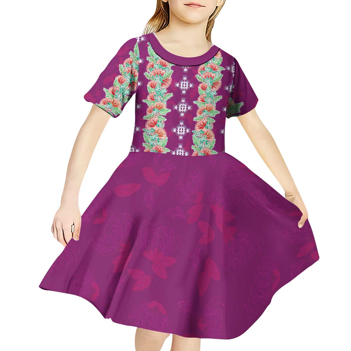 Hawaii Ohia Lehua Kid Short Sleeve Dress Tropical Vibes Fuchsia