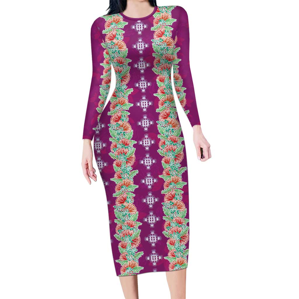 Hawaii Ohia Lehua Long Sleeve Bodycon Dress Tropical Vibes Fuchsia
