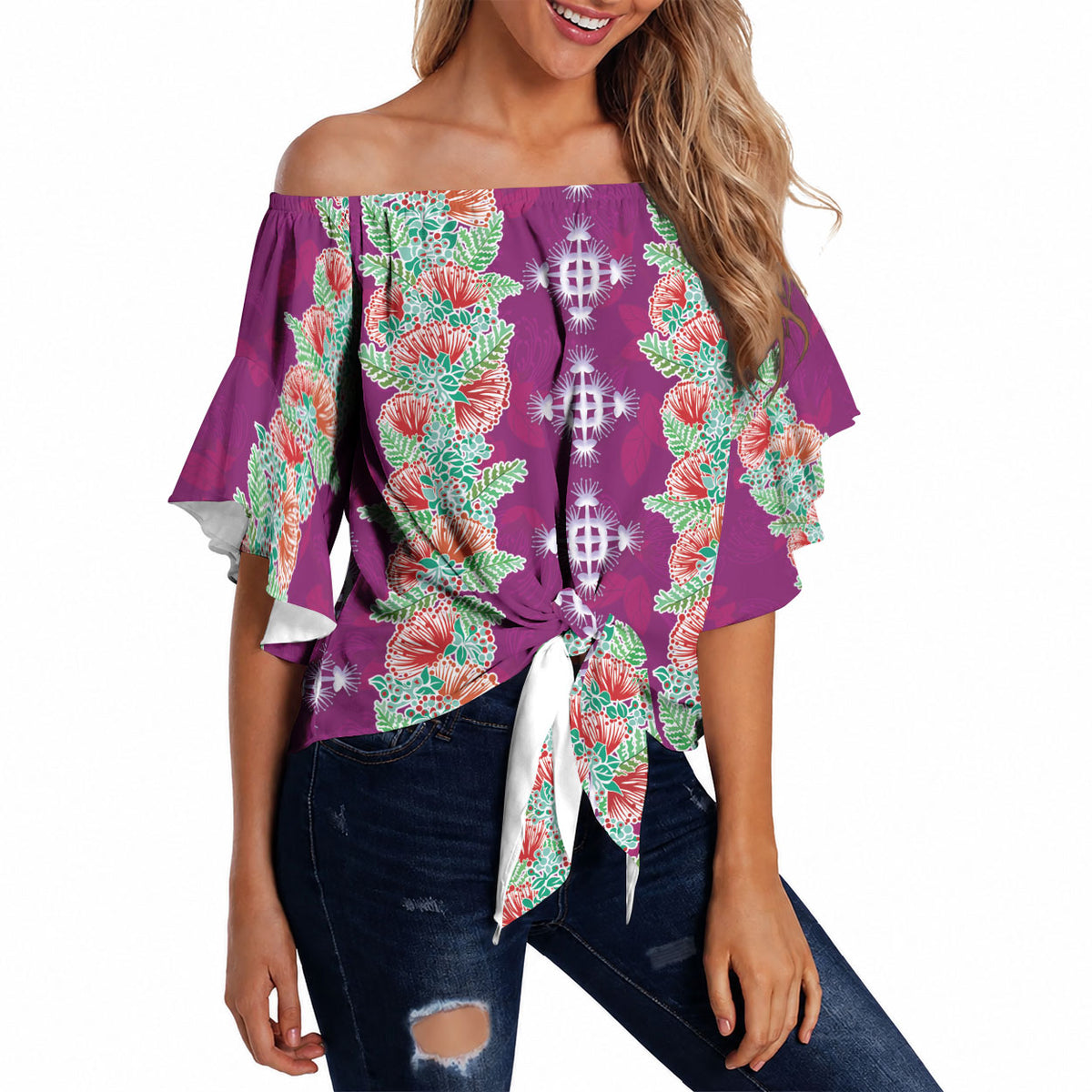 Hawaii Ohia Lehua Off Shoulder Wrap Waist Top Tropical Vibes Fuchsia LT05 - Polynesian Pride