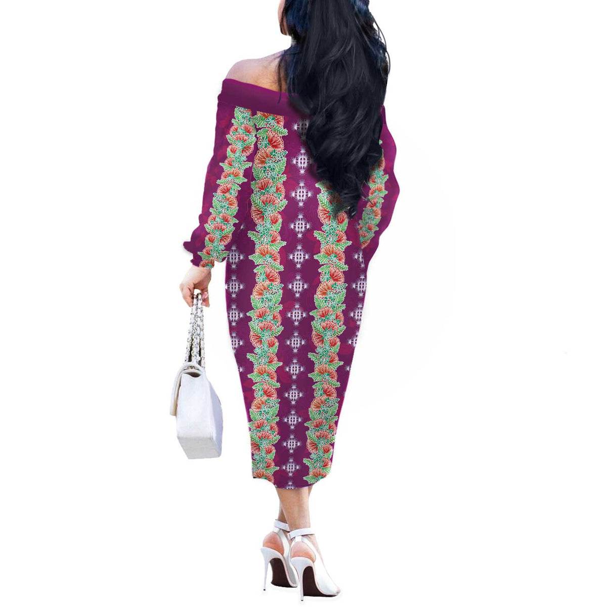 Hawaii Ohia Lehua Off The Shoulder Long Sleeve Dress Tropical Vibes Fuchsia