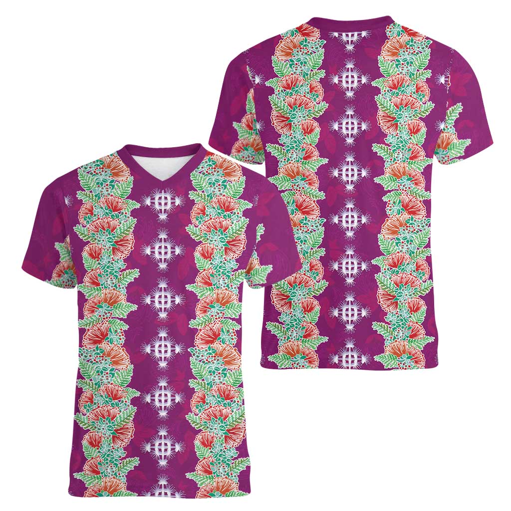 Hawaii Ohia Lehua Women V-Neck T-Shirt Tropical Vibes Fuchsia LT05 - Polynesian Pride