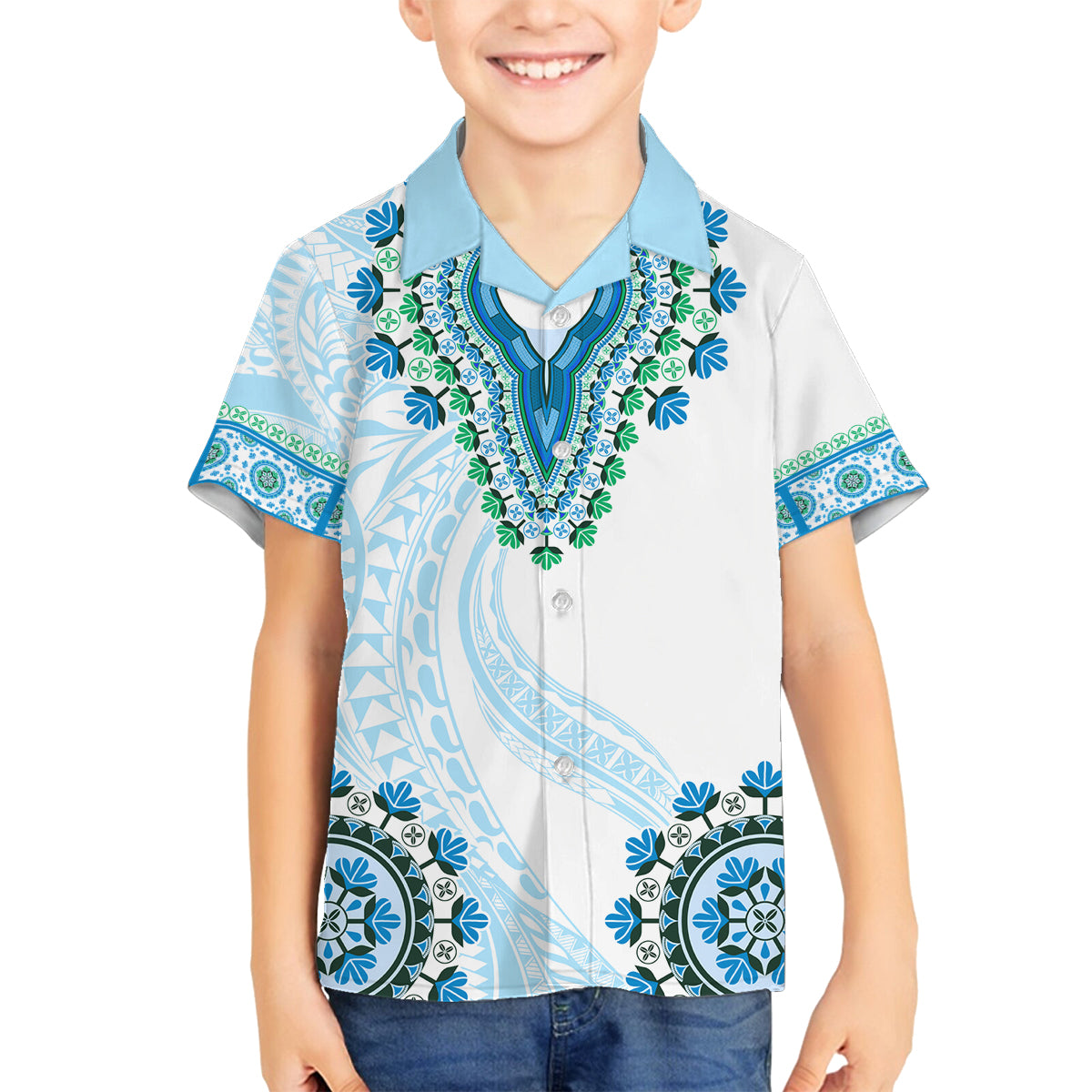 Africa Dashiki Family Matching Long Sleeve Bodycon Dress and Hawaiian Shirt With Polynesian Pattern Blue Version LT05 Son's Shirt Blue - Polynesian Pride