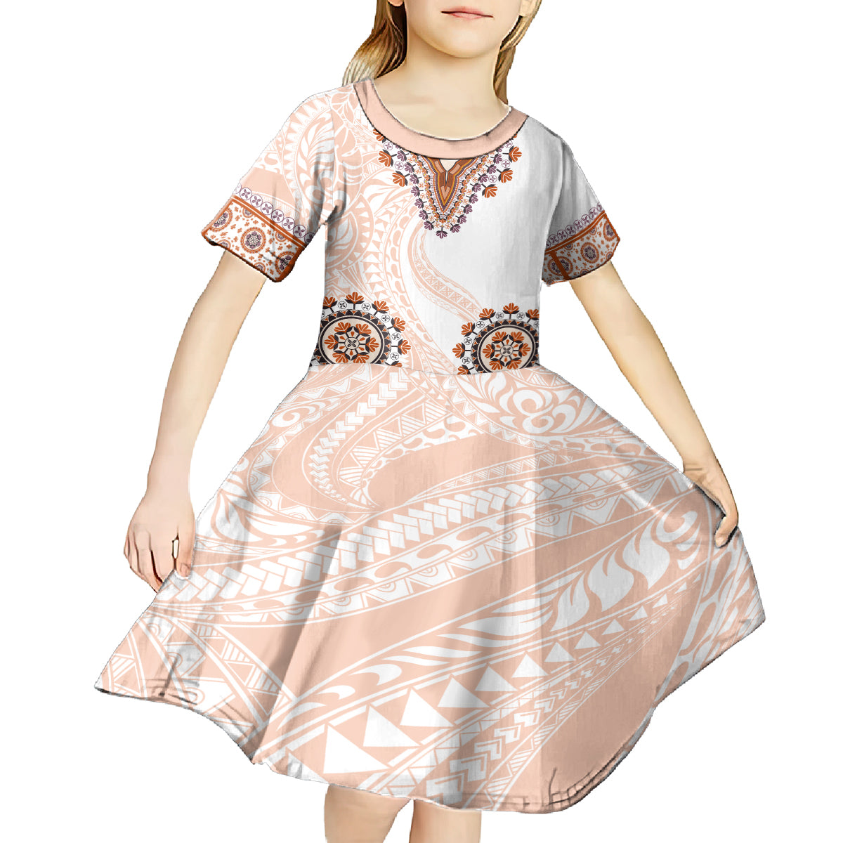 Africa Dashiki Kid Short Sleeve Dress With Polynesian Pattern Beige Version LT05 - Polynesian Pride