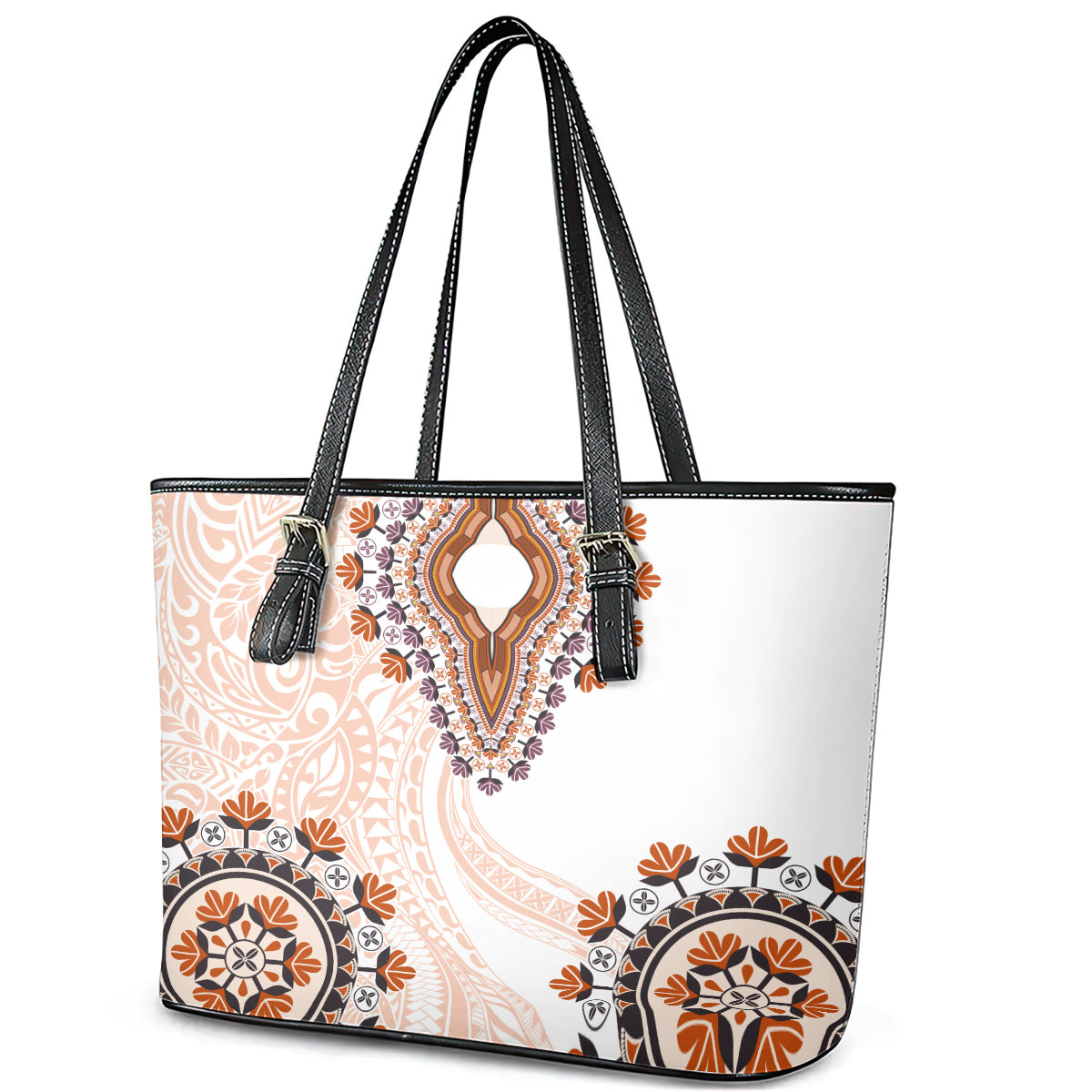 Africa Dashiki Leather Tote Bag With Polynesian Pattern Beige Version