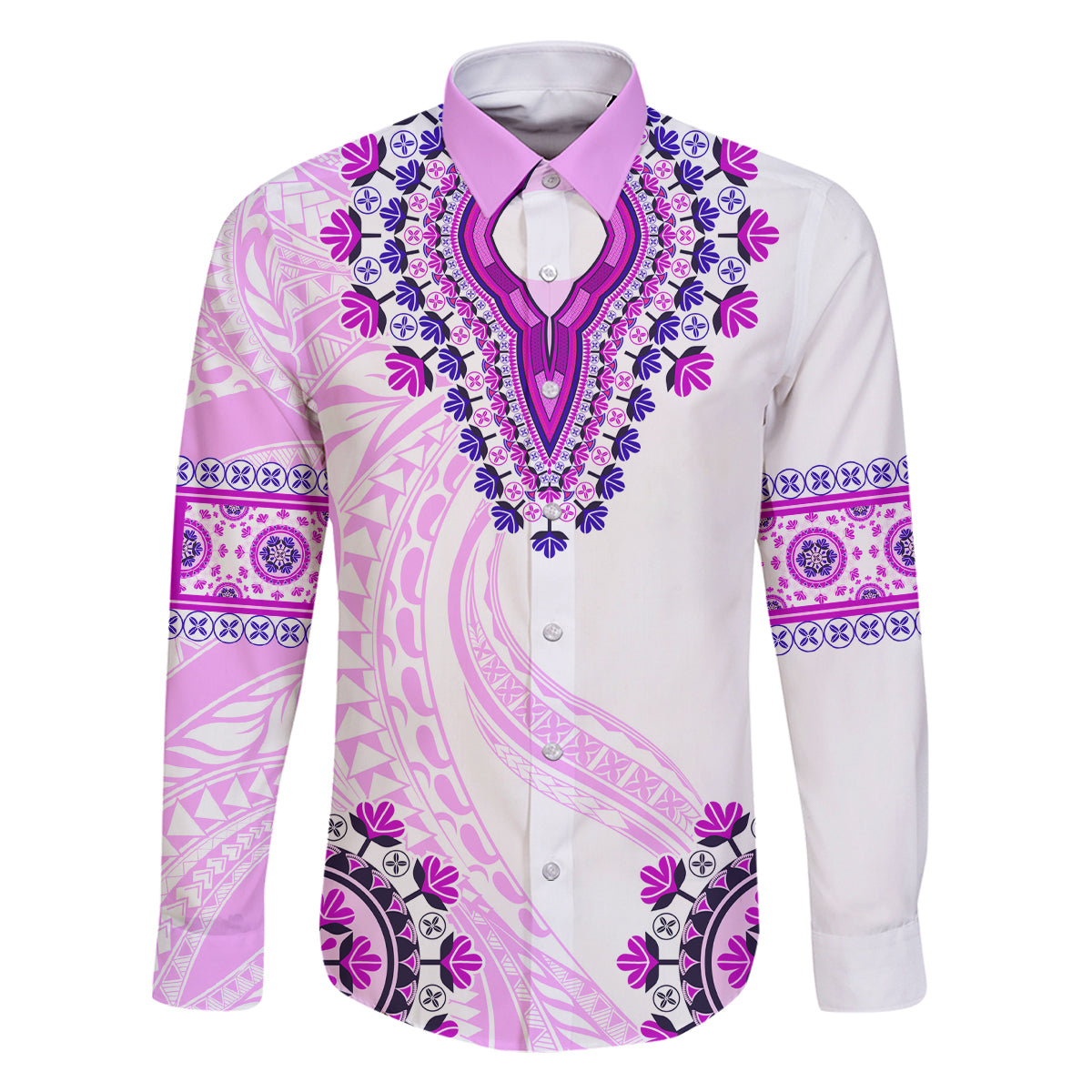 Africa Dashiki Family Matching Off Shoulder Maxi Dress and Hawaiian Shirt With Polynesian Pattern Pink Version LT05 Dad's Shirt - Long Sleeve Pink - Polynesian Pride