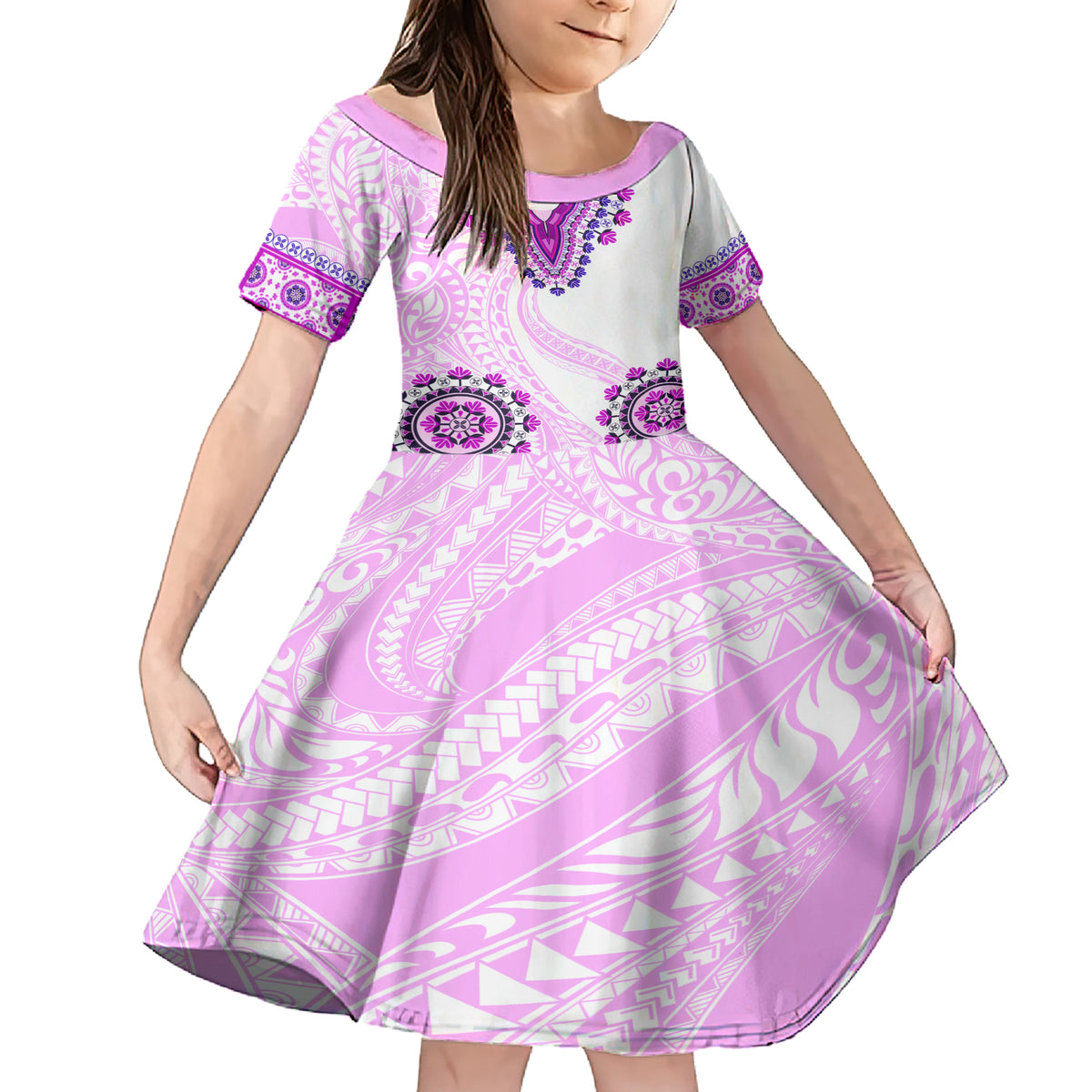 Africa Dashiki Family Matching Short Sleeve Bodycon Dress and Hawaiian Shirt With Polynesian Pattern Pink Version LT05 Daughter's Dress Pink - Polynesian Pride