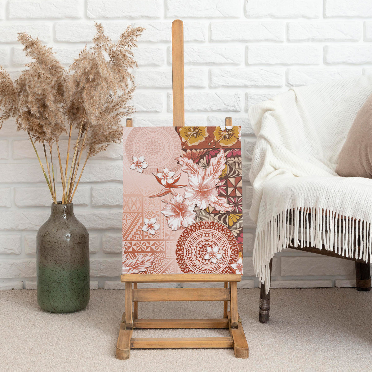 Tonga Ngatu Pattern With Light Tabasco Hibiscus Canvas Wall Art Oil Painting Style LT05 - Polynesian Pride