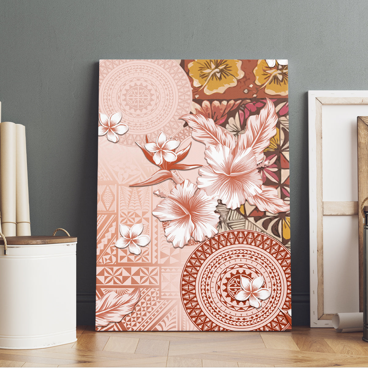 Tonga Ngatu Pattern With Light Tabasco Hibiscus Canvas Wall Art Oil Painting Style LT05 - Polynesian Pride